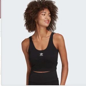 ADIDAS Ribbed Black Crop Tank Top Three Stripes & Trefoil Women’s Size S